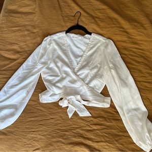 Abercrombie Long Sleeve Satin Wrap Top ivory small